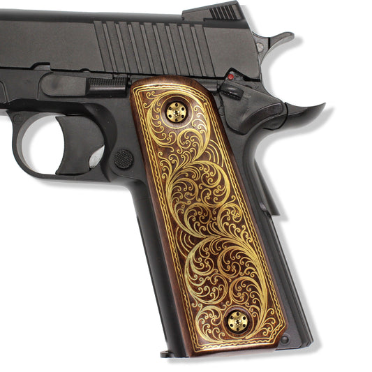 URAY 1911 Full Size Handcrafted Brass Inlaid Wood Pistol Grips