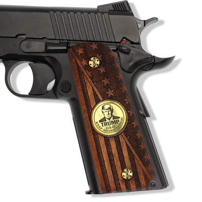 URAY 1911 Pistol Grip with 45-47 Trump Victory Medallion and American Flag Design - Premium Pistol Grip Accessories for Colt Kimber Taurus Remington and All 1911 Models